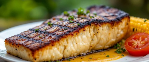 A perfectly grilled fish steak is served with corn and a tomato slice, showcasing a delicious meal