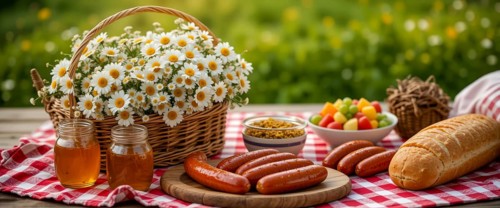 A delightful picnic scene with a basket of daisies, grilled sausages, fruit, and bread, on a