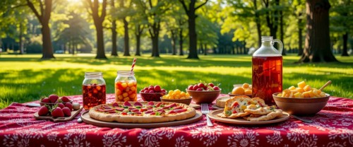 A delightful picnic spread out on a red patterned blanket in a sunny park, featuring pizza, fruits,