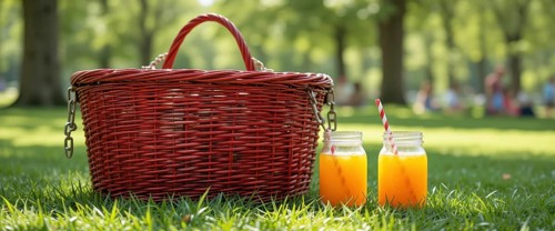 A red picnic basket with two orange drinks on the grass, with a blurred background of trees and