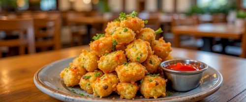 A close-up shot of delicious, golden-brown fried food, beautifully presented on a plate with a side
