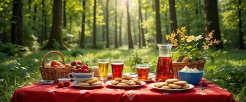 A vibrant picnic setup in a sunny forest clearing. A red tablecloth is laden with food, including