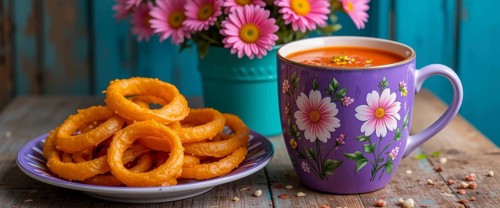 A delightful composition featuring onion rings, a floral-decorated mug with soup, and vibrant pink