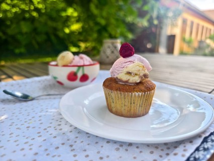 Summer dessert with cupcake, ice cream and raspberry on a plate in the garden Lower Austria Austria