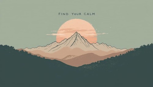 A serene illustration of mountains and a setting sun, conveying a message of tranquility and
