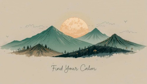A serene watercolor illustration of mountains with a sunset, evoking peace and tranquility, AI