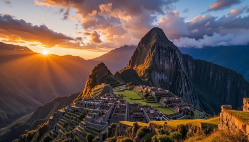 Majestic view of Machu Picchu, an ancient Inca citadel, at sunrise. The golden light bathes the