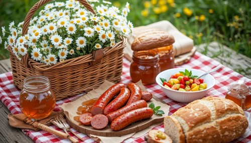 A delightful picnic scene unfolds with daisies, sausages, honey, bread, and a colorful salad on a
