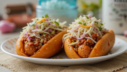Close-up of two gourmet hot dogs on a plate, topped with coleslaw and other delicious ingredients,