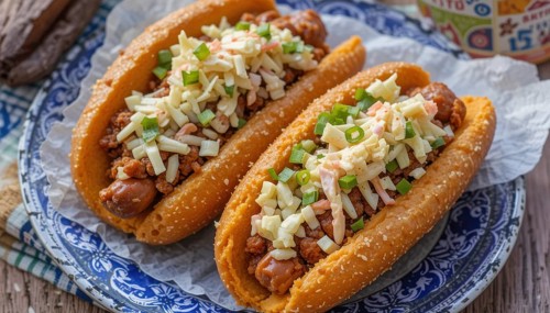 Delicious chili cheese dogs on a decorative plate, a tasty and visually appealing meal ready to be