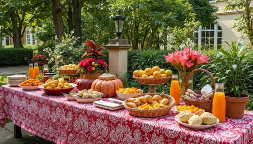 An outdoor buffet table is laden with various treats, pumpkins, and flowers, set against a backdrop