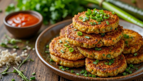 A close-up shot of a stack of delicious, golden-brown veggie cakes topped with fresh green onions,