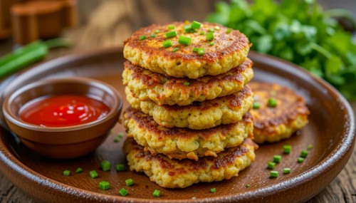 A close-up shot features a stack of golden-brown patties garnished with chives and served with a