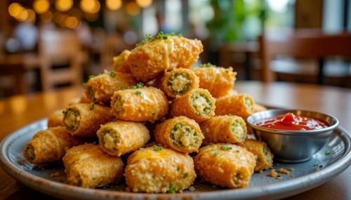 A close-up shot of a pile of fried appetizers, served with a side of ketchup. The restaurant
