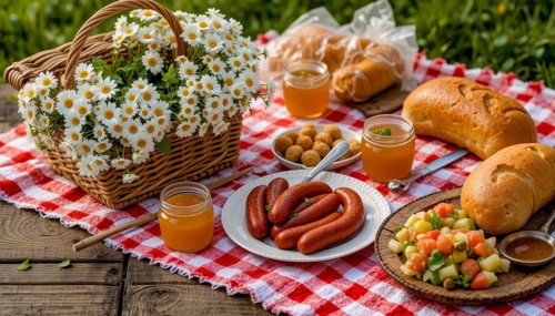 A vibrant picnic scene unfolds, featuring sausages, bread, vegetables, juice, and a basket of