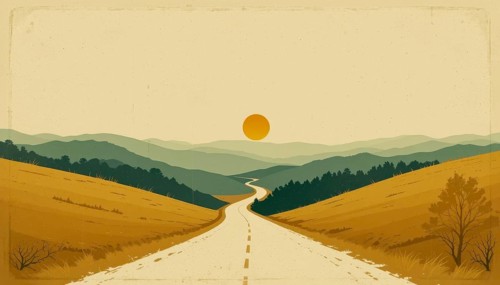 An illustration of a winding road through a valley towards a sunset. The image has a vintage,