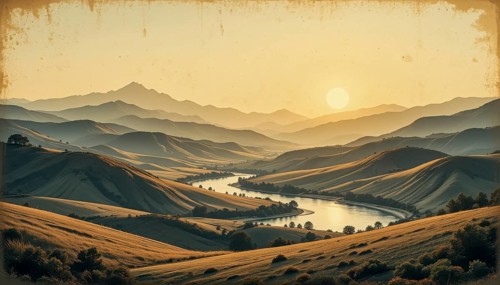 A stunning vista of rolling hills and a winding river, bathed in the warm glow of a sunrise,