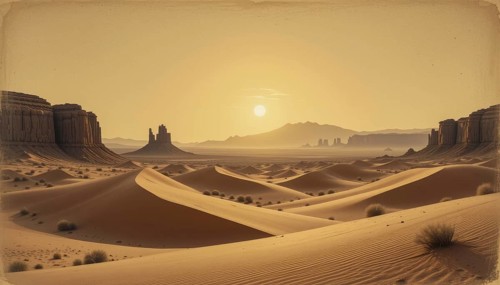 A vast desert landscape at sunset, with towering rock formations and rolling sand dunes under a