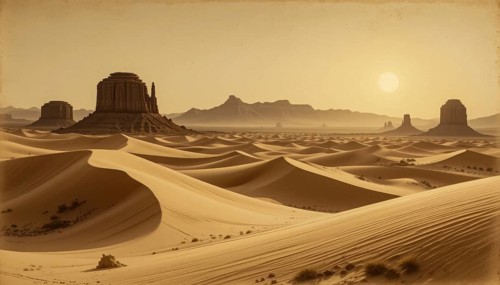 A vast desert landscape features towering rock formations, rolling sand dunes, and a warm, golden