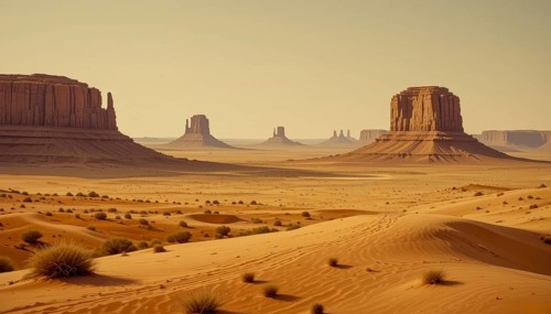 A stunning desert landscape with iconic buttes under a warm, clear sky, featuring the classic