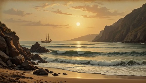 A serene sunset over a coastal scene with a sailboat, mountains, and waves. The warm colors create