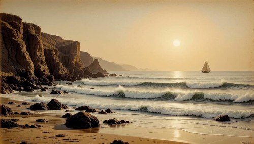 A serene coastal scene at sunset with a sailboat on the horizon. Rugged cliffs frame the beach, AI