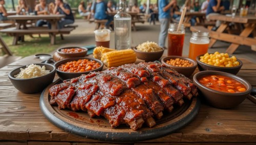 A delicious barbecue feast featuring grilled ribs, baked beans, corn, and beer, perfect for a
