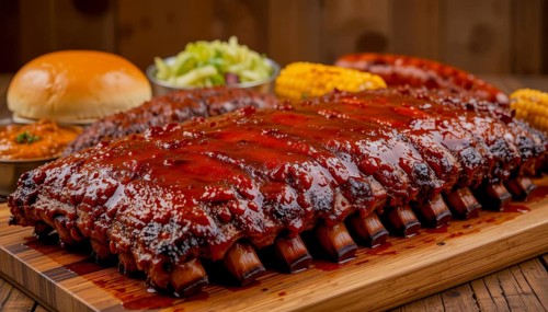 A mouthwatering shot of barbecue ribs glistening with sauce, alongside cornbread, coleslaw, and