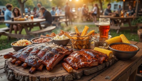 A mouthwatering barbecue spread is laid out on a wooden table, inviting diners to enjoy a festive