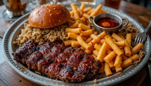 A close-up shot of a delicious meal on a plate, featuring grilled meat, fries, mac and cheese, and
