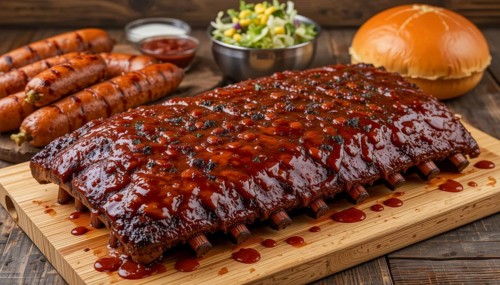 A delicious barbecue feast featuring a rack of ribs glazed with sauce, sausages, salad, condiments,