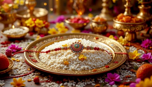 A vibrant Raksha Bandhan still life featuring a decorated plate, sweets, and flowers, celebrating