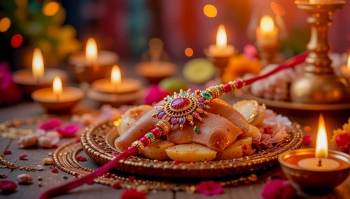 A beautiful Raksha Bandhan arrangement featuring a decorated plate, a rakhi, candles, and festive
