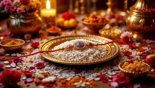 A beautifully decorated Raksha Bandhan setting with a decorated plate, rice, flowers, candles, and