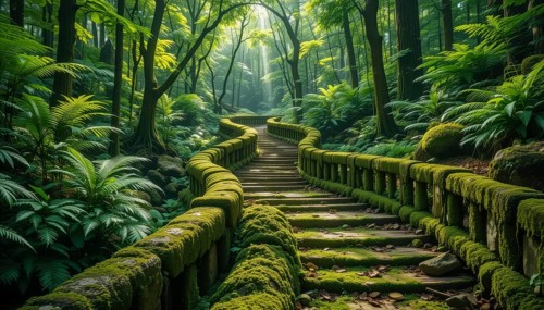 A winding moss-covered stone staircase meanders through a lush, verdant forest, bathed in soft