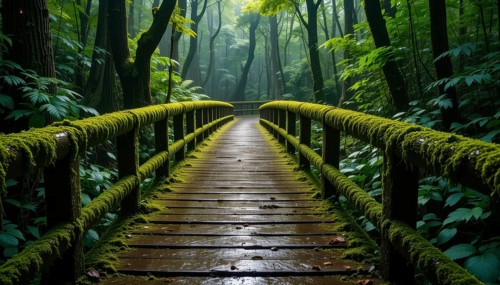 A wooden bridge covered in moss leads into a lush, vibrant green forest on a foggy day. The