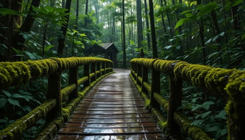 A picturesque wooden bridge winds through a lush, vibrant green forest, leading towards a charming