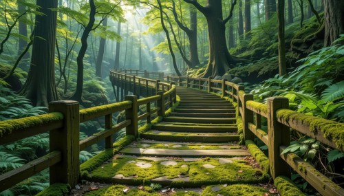 A wooden staircase winds through a lush, green forest, illuminated by sunlight. Moss covers the