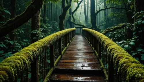 A wooden bridge covered in moss leads into a misty forest, creating a tranquil and inviting scene,