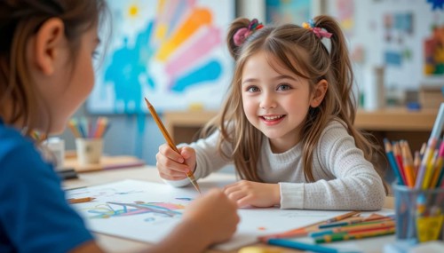 A young girl smiles while painting in art class with a friend. They are using pencils and paint, AI