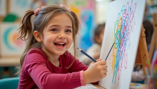 A happy young girl smiles while painting with colorful pencils at an easel in a classroom setting,