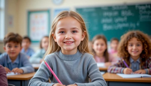 A young girl smiles brightly in a classroom, surrounded by classmates, embodying the joy of