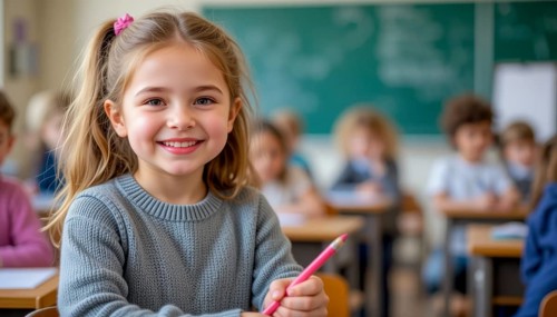 A smiling girl in a classroom holds a pencil, surrounded by classmates. The scene captures a moment