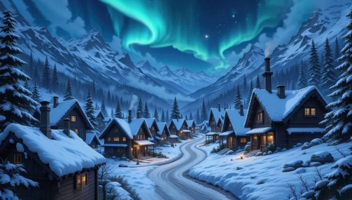 A stunning winter landscape features a village nestled in a snowy valley under the vibrant dance of