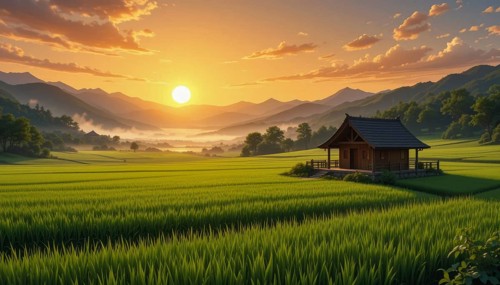 A serene sunrise bathes a Japanese farmhouse in golden light, overlooking lush rice fields and