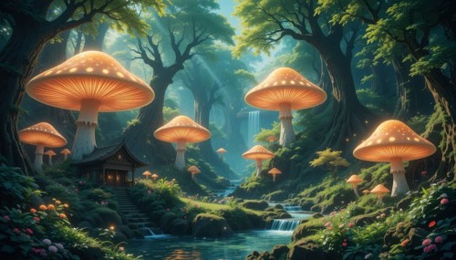 A whimsical forest scene features glowing mushroom houses, a flowing river, and lush greenery,