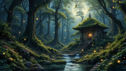 A serene forest scene featuring a mystical building with steps leading up to it, and a stream