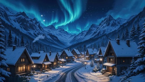 A picturesque village nestled beneath the aurora borealis, with snow-covered houses and a winding