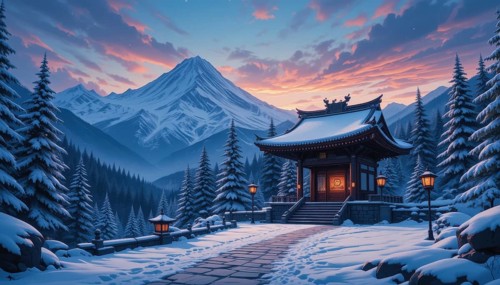 A serene winter scene with a Japanese temple nestled amidst snow-covered trees and majestic