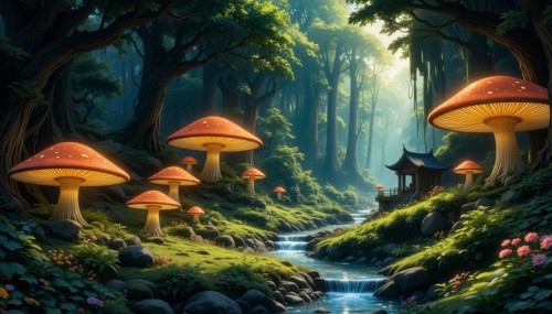 A serene forest scene features vibrant orange mushrooms, a flowing stream, and a traditional Asian